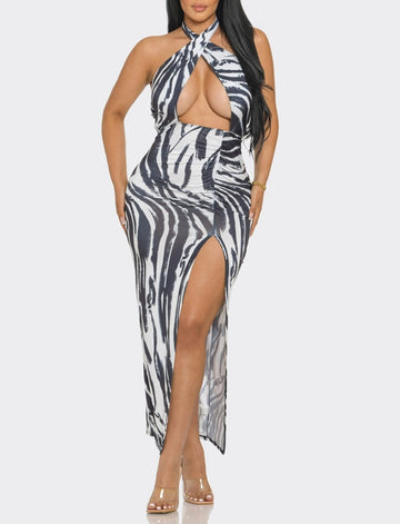 Black And White Halter Neck Long Dress with Front Slit