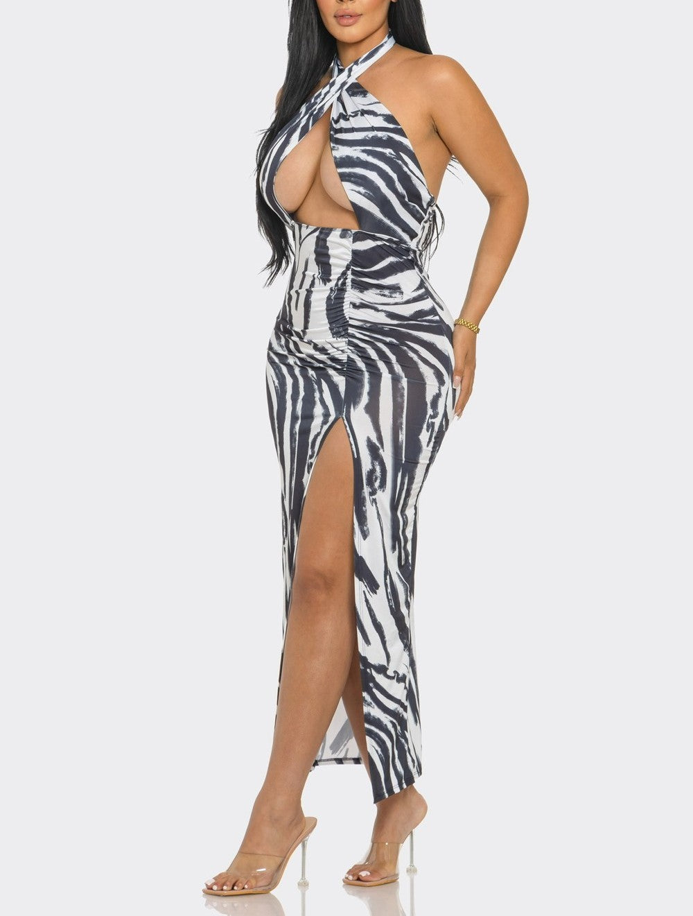 Black And White Halter Neck Long Dress with Front Slit