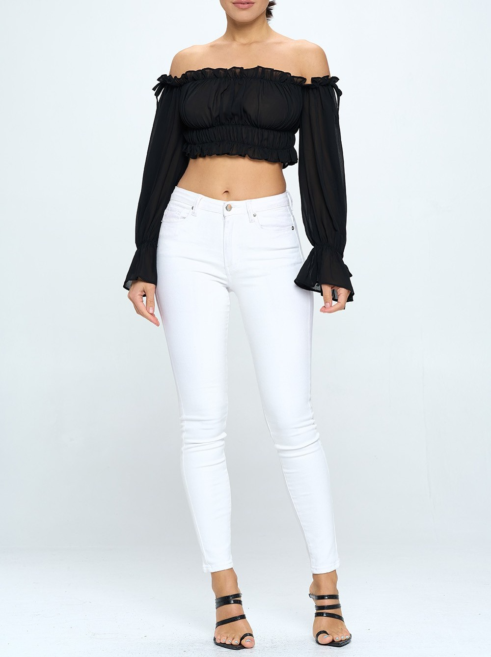 Off Shoulder Ruffle Trim Knot Sleeve Crop Top