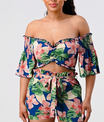 Off Shoulder Top And Belted Bottom Shorts Set
