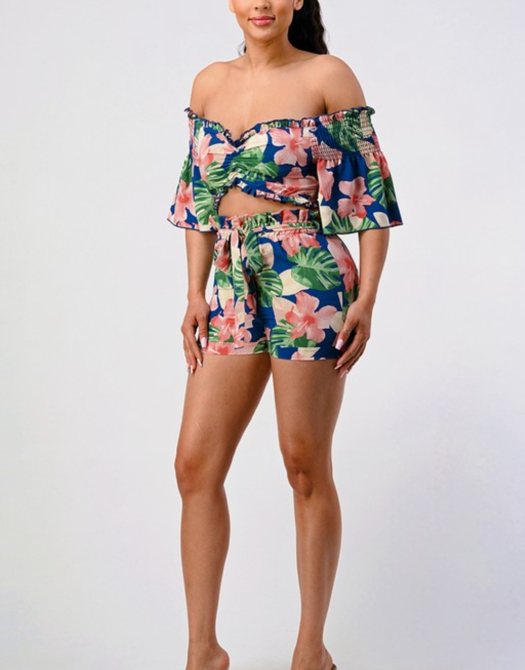 Off Shoulder Top And Belted Bottom Shorts Set