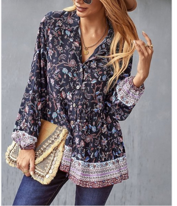 Spread Collar Long Sleeve Flower Detail Ruffle