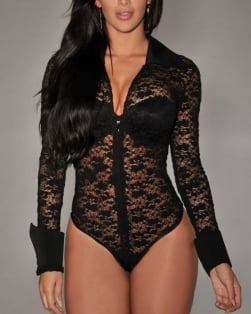 Black Sheer Lace Long Sleeve Bodysuit