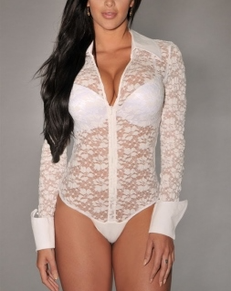 White Sheer Lace Long Sleeve Bodysuit