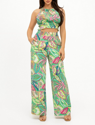 Tropical Print Halter Top Pants Set ( Green)