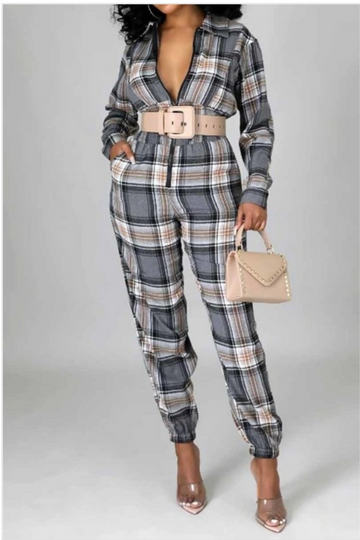 Grey Checkered Long Sleeve Jumpsuit