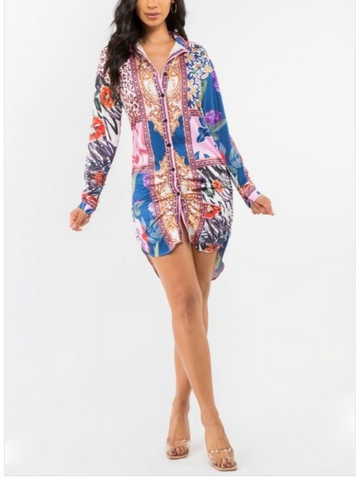 Button Down Collar Dress With Print Detail