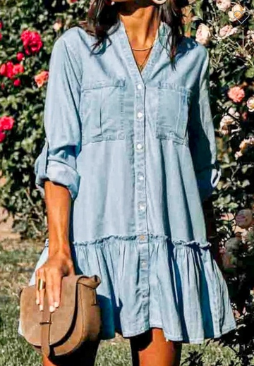 Rolled Sleeve Washed Out Button Down Dress