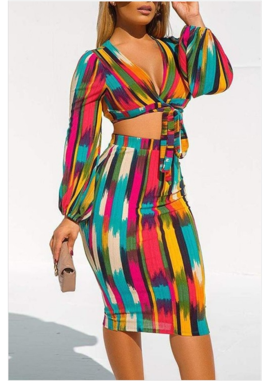 Knotted Design Graphic Print Skirt Suit