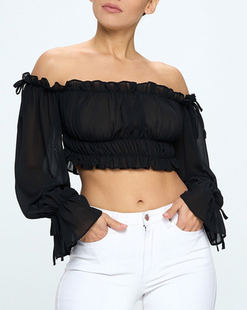 Off Shoulder Ruffle Trim Knot Sleeve Crop Top