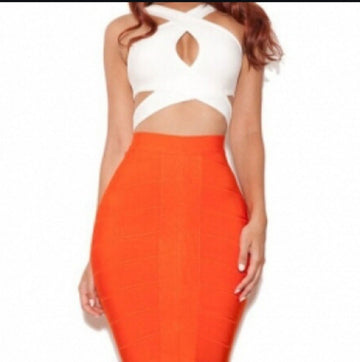 Orange And White Two Piece Skirt Set