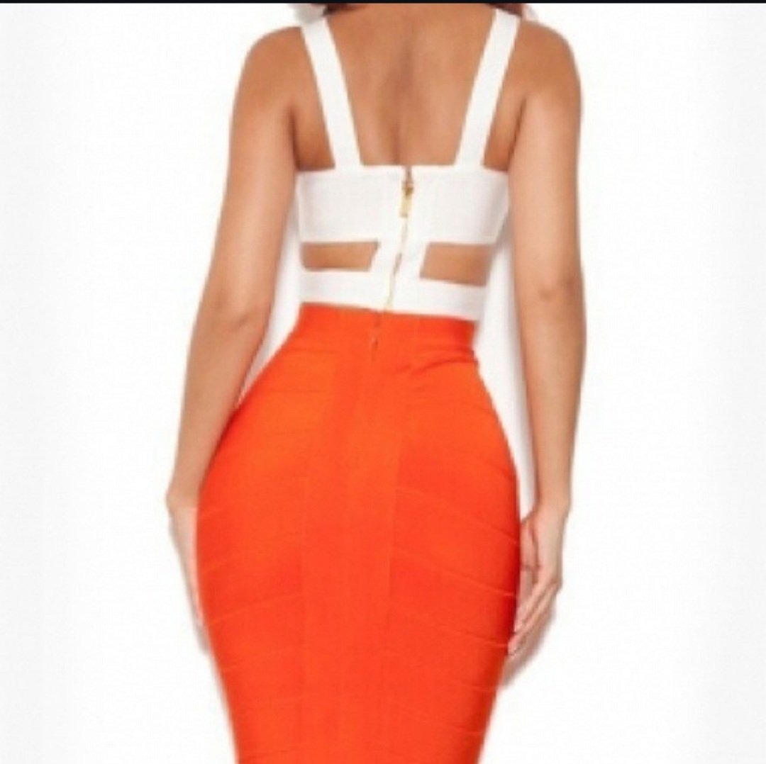 Orange And White Two Piece Skirt Set