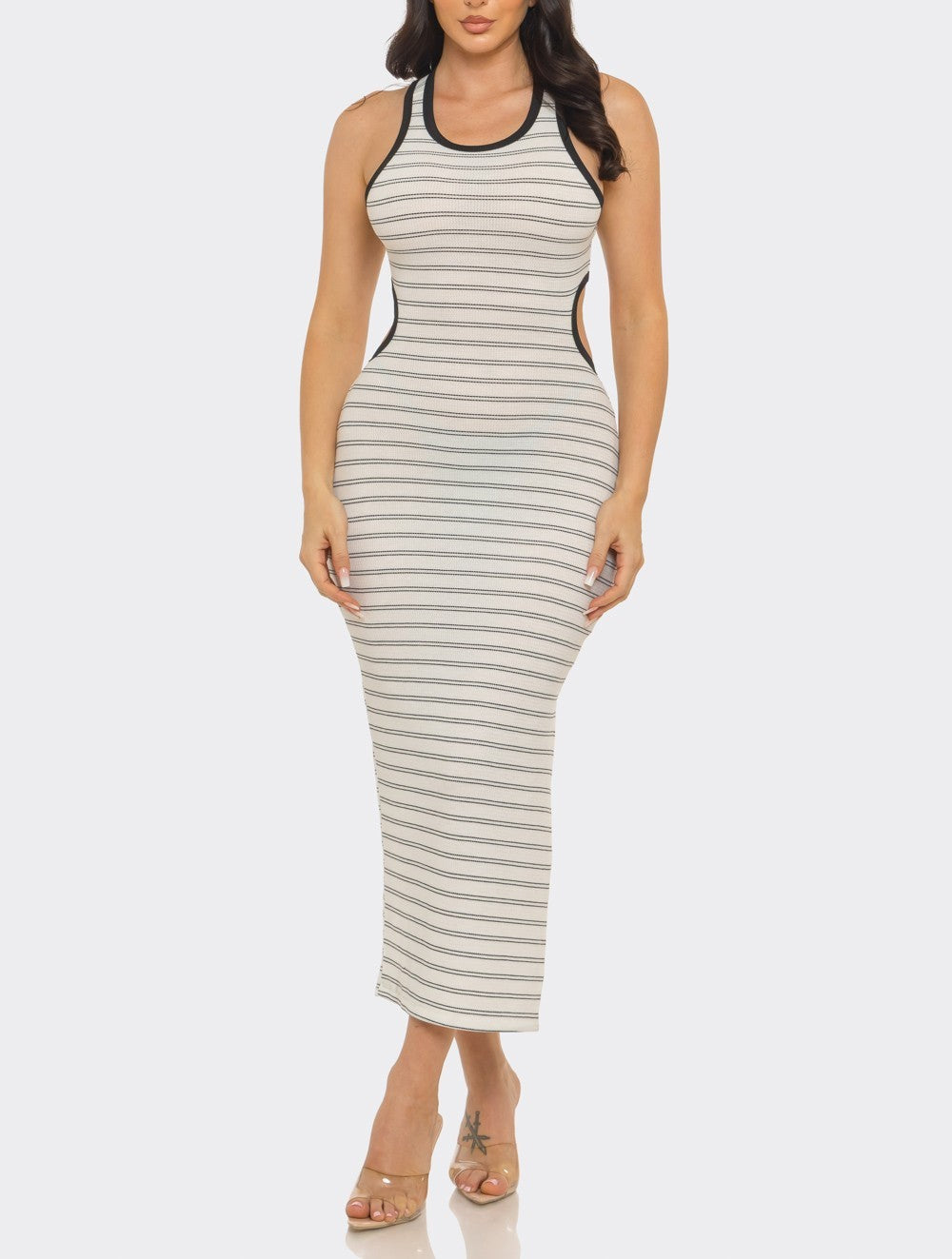 Stripe Open Back Cut Out Side Maxi Dress