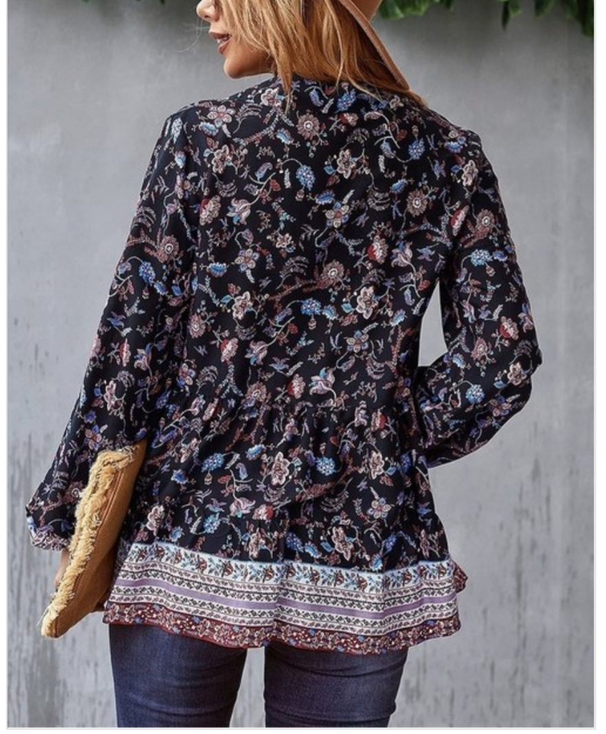Spread Collar Long Sleeve Flower Detail Ruffle