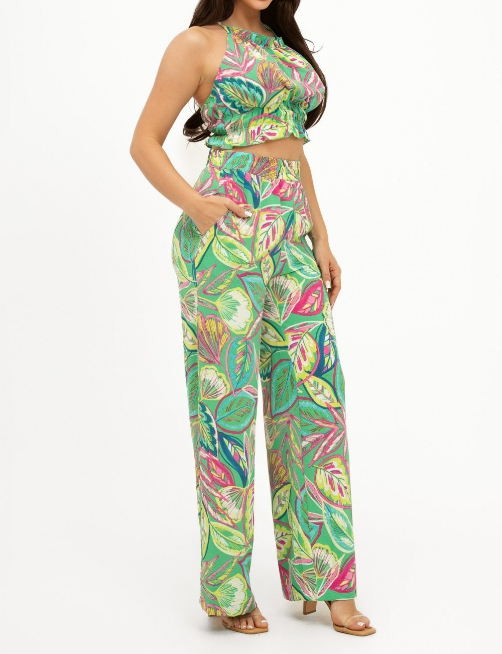 Tropical Print Halter Top Pants Set ( Green)