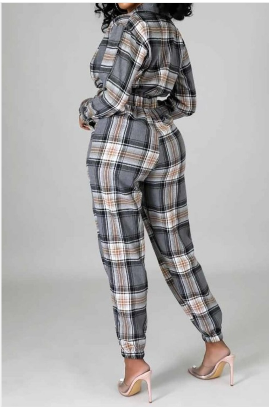 Grey Checkered Long Sleeve Jumpsuit