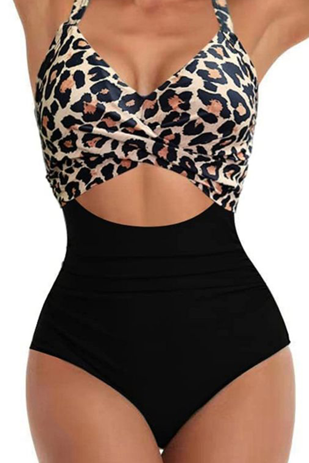 Black Leopard Two Tone Patchwork Swimsuit