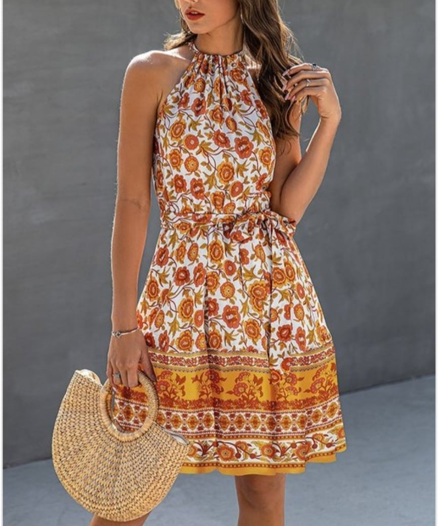 Altered Neck, Sleeveless Flower Detail, Short Dress