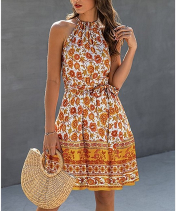 Altered Neck, Sleeveless Flower Detail, Short Dress