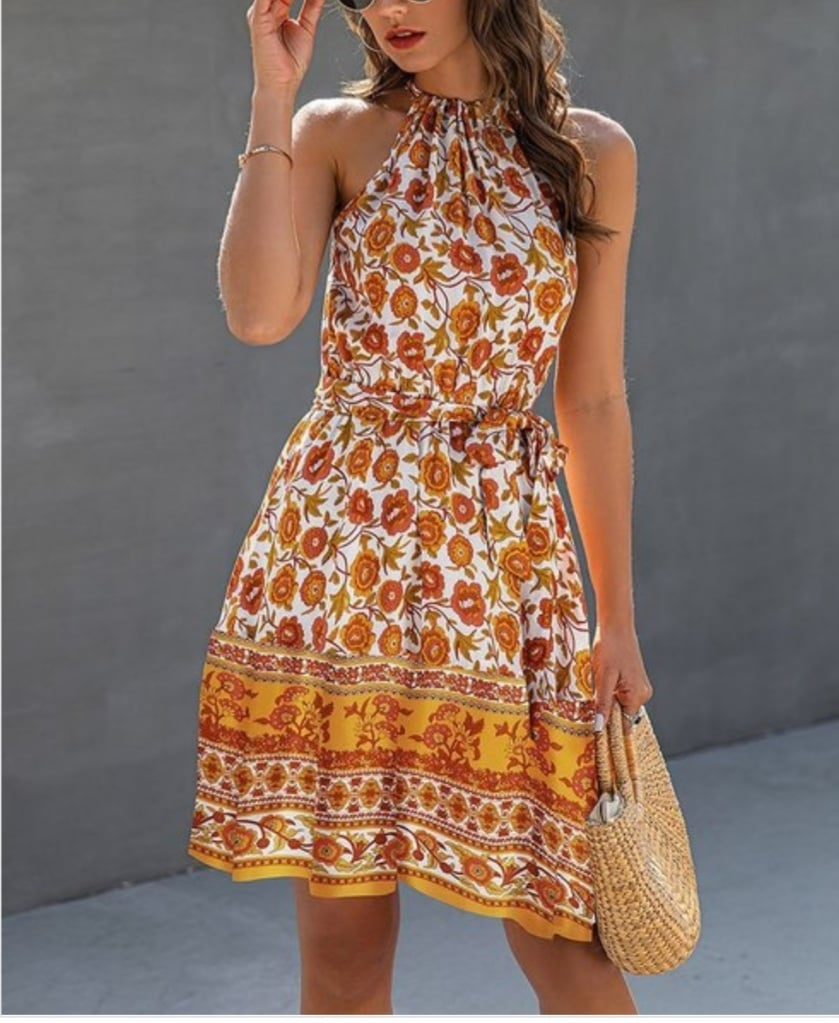Altered Neck, Sleeveless Flower Detail, Short Dress