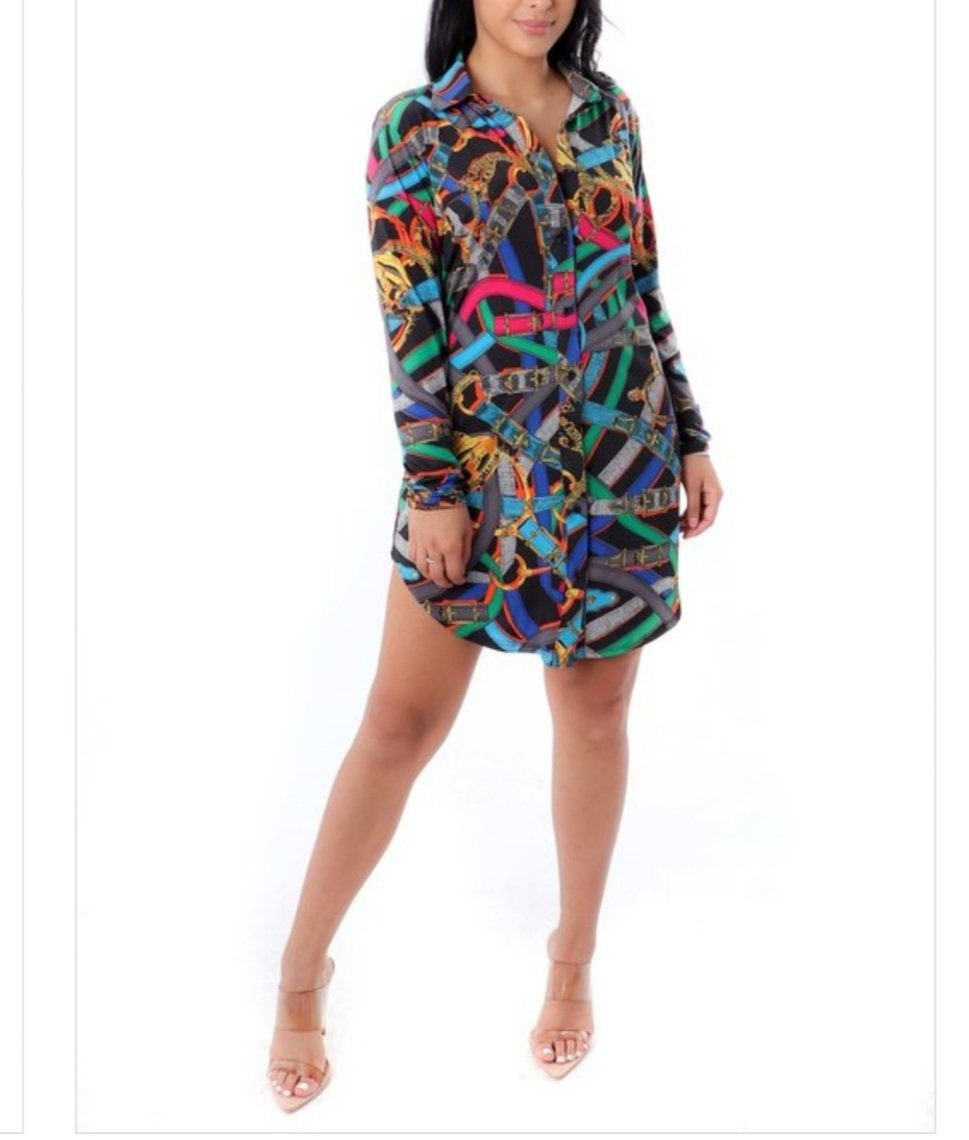 Belted Detail Long Sleeve Floral Tunic Dress
