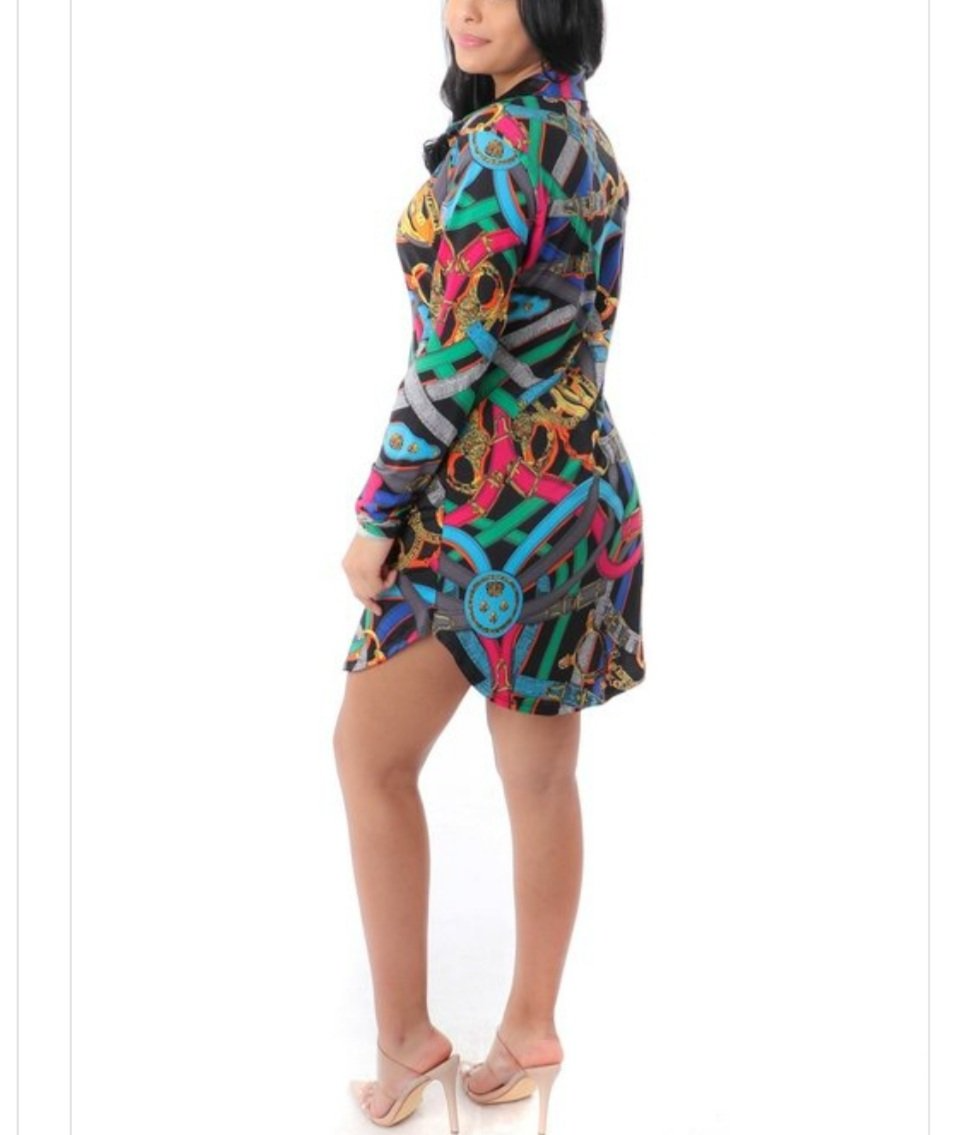 Belted Detail Long Sleeve Floral Tunic Dress