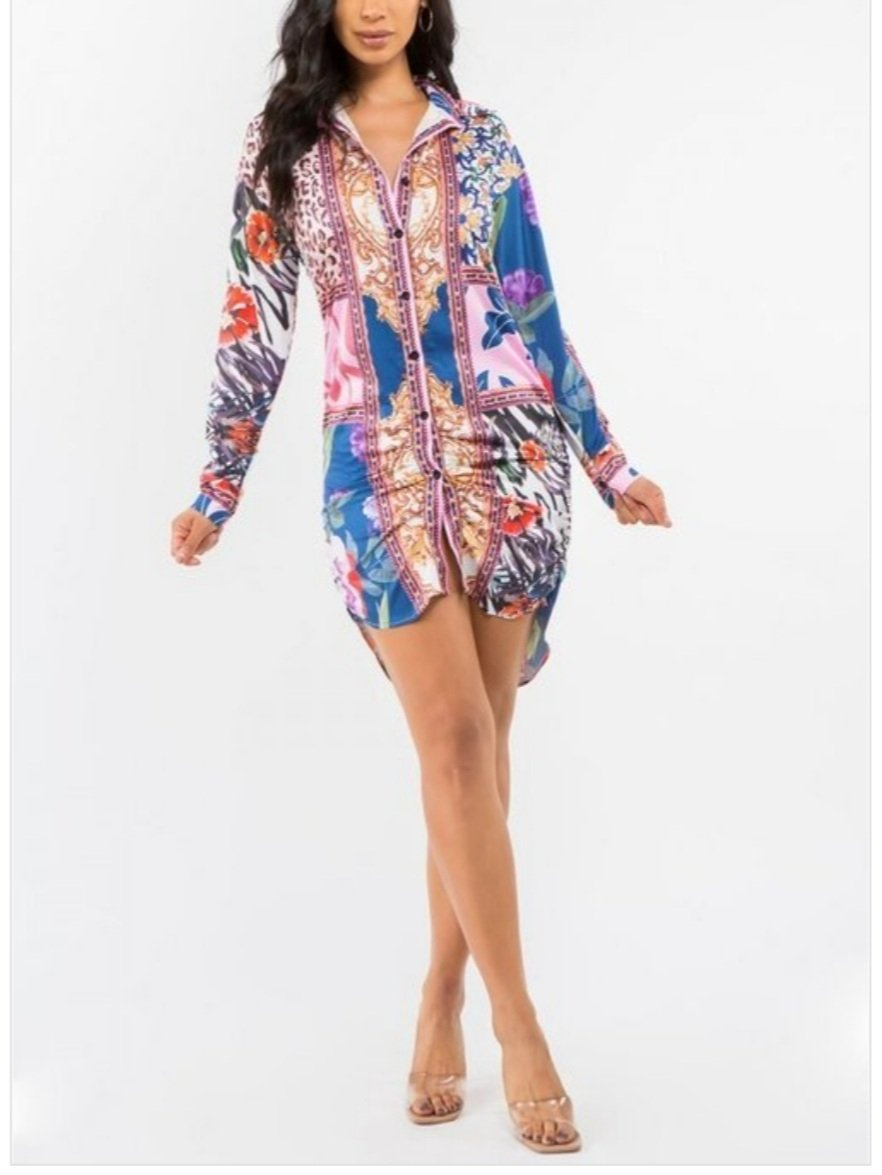 Button Down Collar Dress With Print Detail