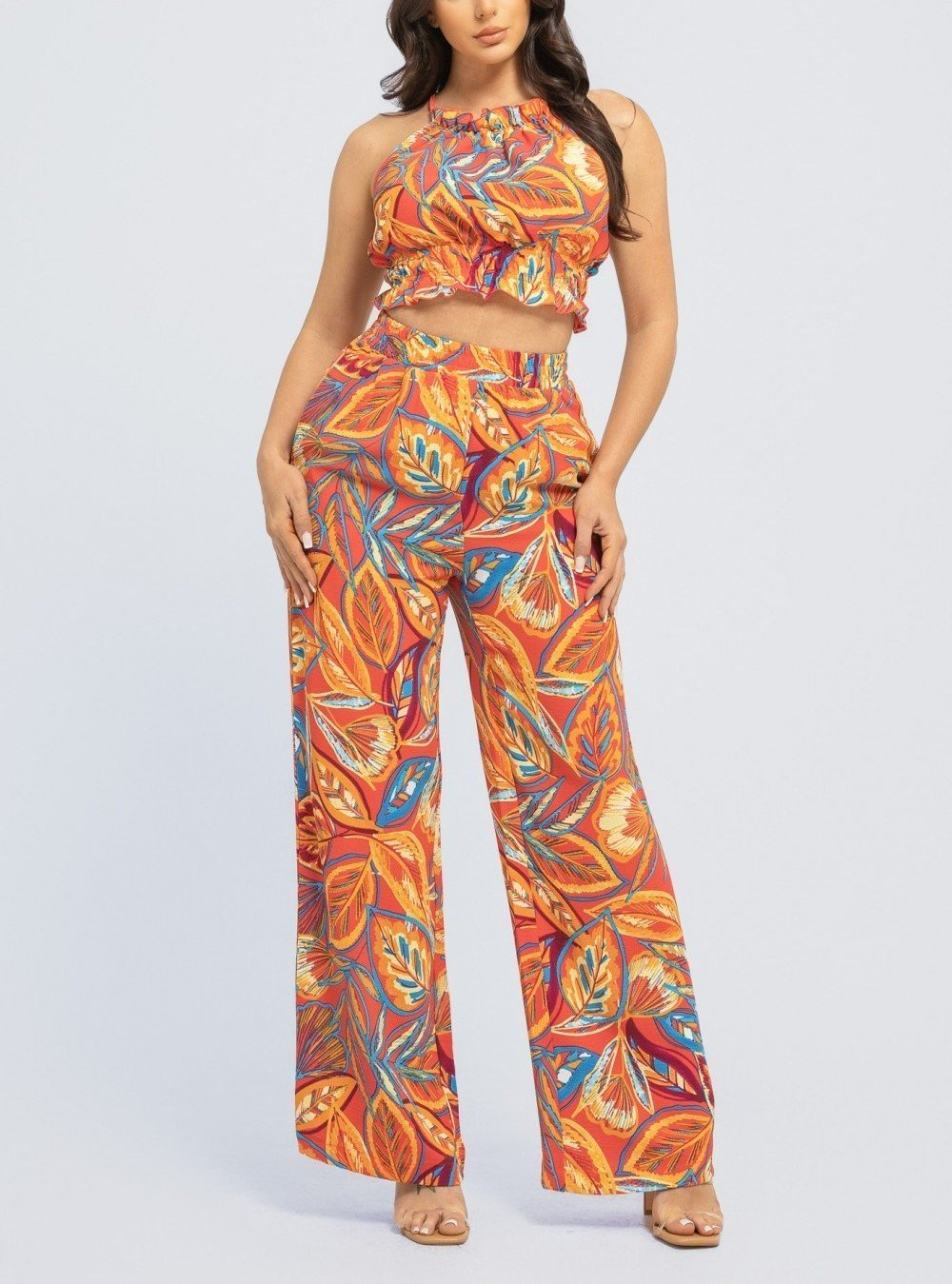 Tropical Print Halter Top Pants Set