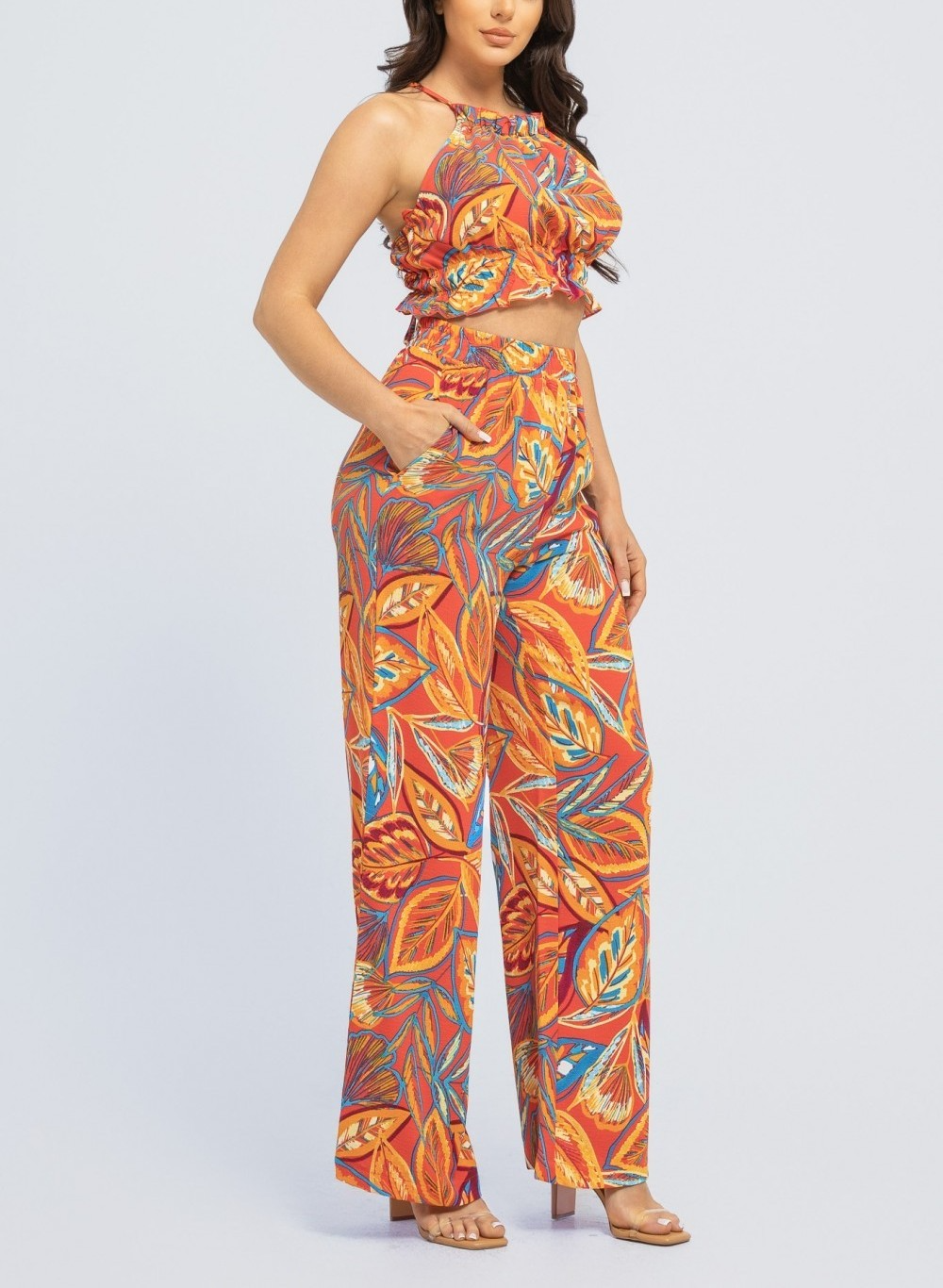 Tropical Print Halter Top Pants Set